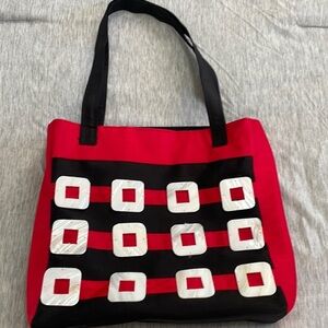 Vintage Jazzd handbag, Mother of Pearl Shell squares sewn* on Red, Black fabric